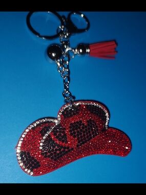 Red Rhinestone Cowboy Hat Keychain with Tassel